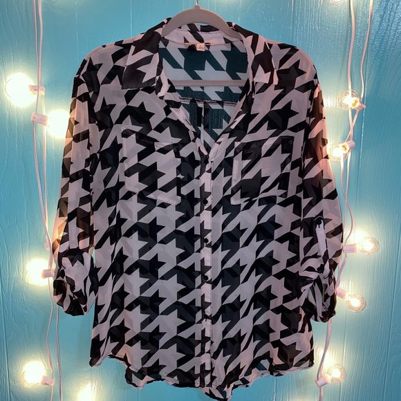 Sheer Houndstooth Button-up Top - Picture 1 of 4